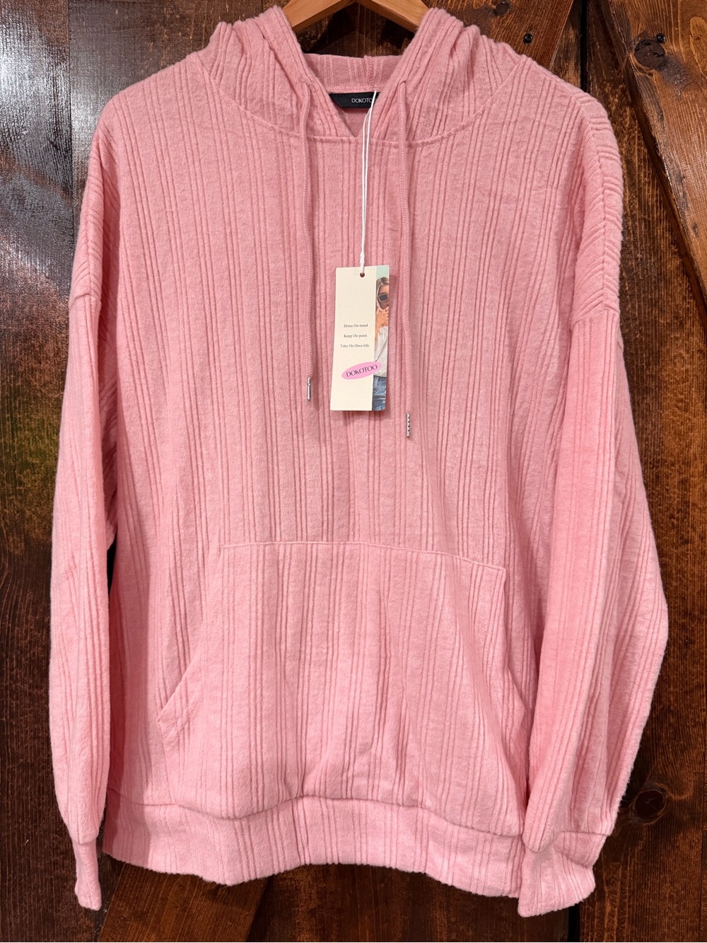Comfortable Ribbed Pink Hooded Pullover Sweatshirt